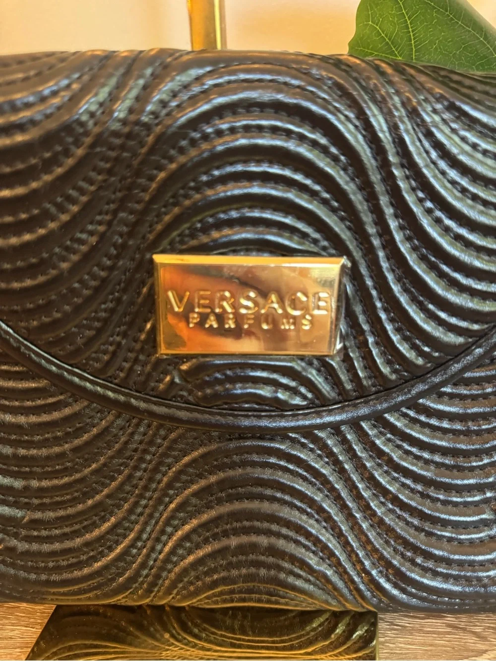 Versace Black Quilted Wave Wristlet with Gold Plaque